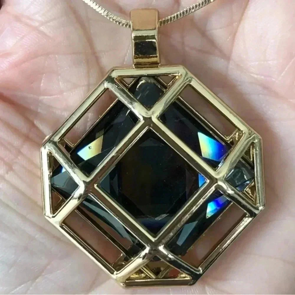 Hollow Square Grey Crystal Gold Tone Long Large Statement Sweater Necklace New